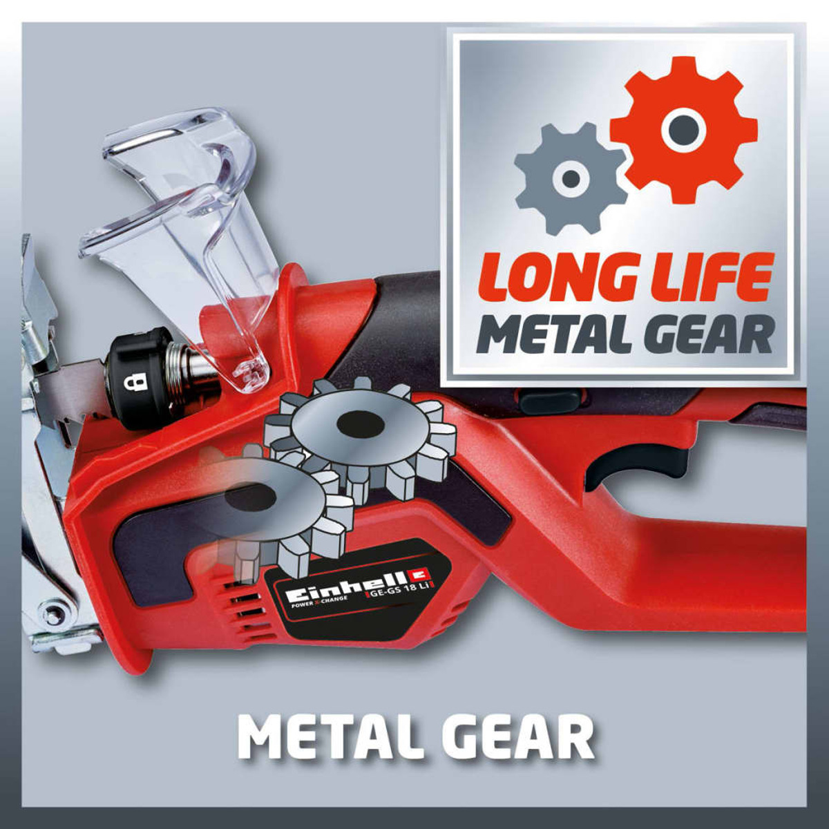Rote Kettensäge mit Zahnradsymbol, den Wörtern 'METAL GEAR' und 'LONG LIFE'.
