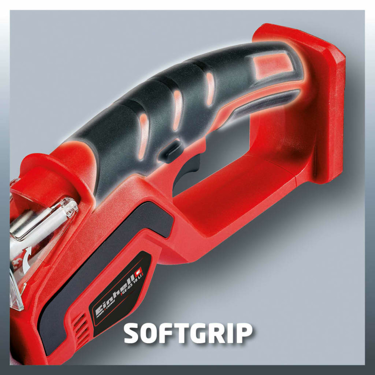 Ein rot-schwarzes Elektrowerkzeug, mit dem Wort SOFTGRIP. Das Werkzeug befindet sich auf einem Gradientenhintergrund.