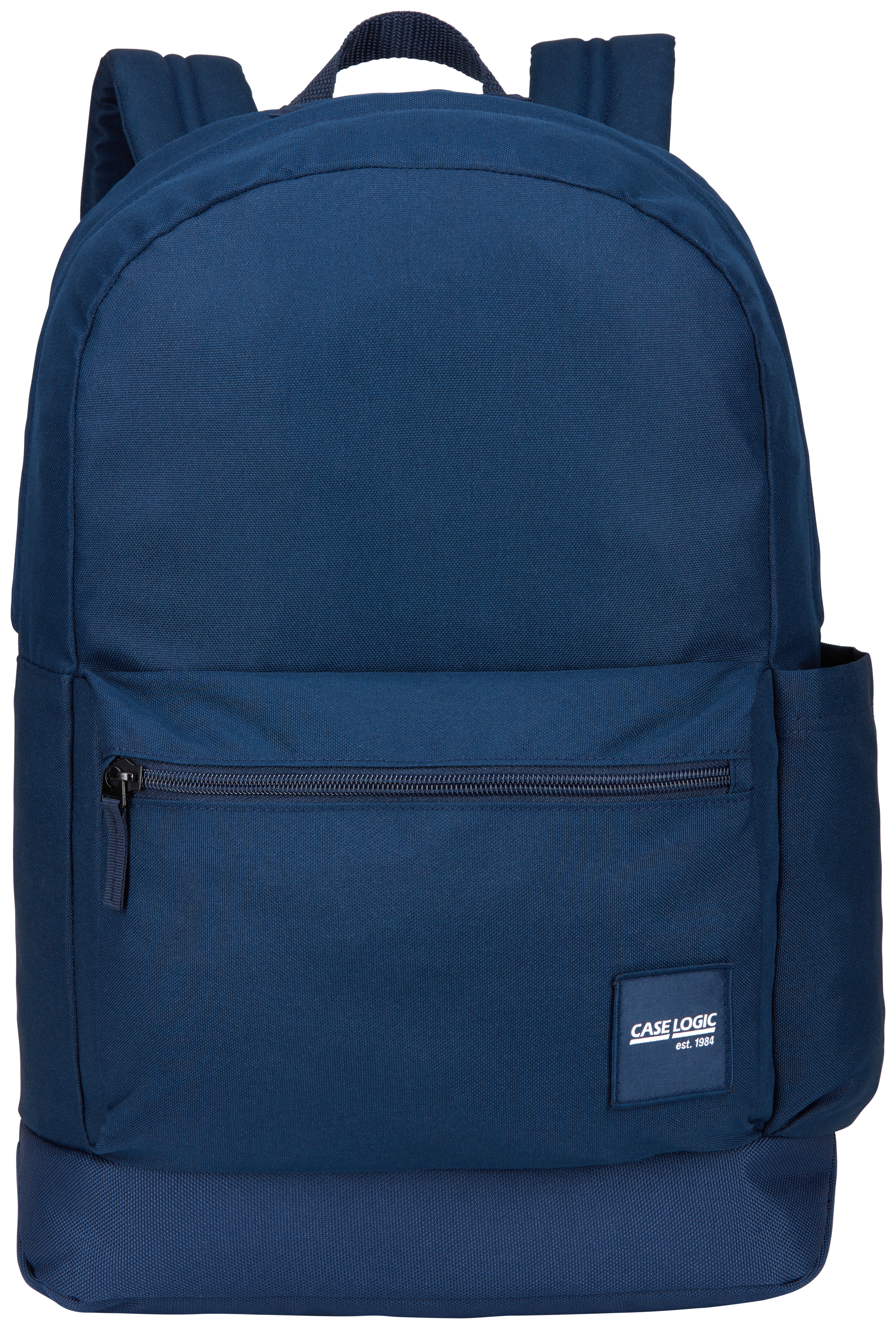 Marineblauer Rucksack mit Front- und Seitentasche. Ein Case Logic Logo befindet sich auf der Vorderseite.