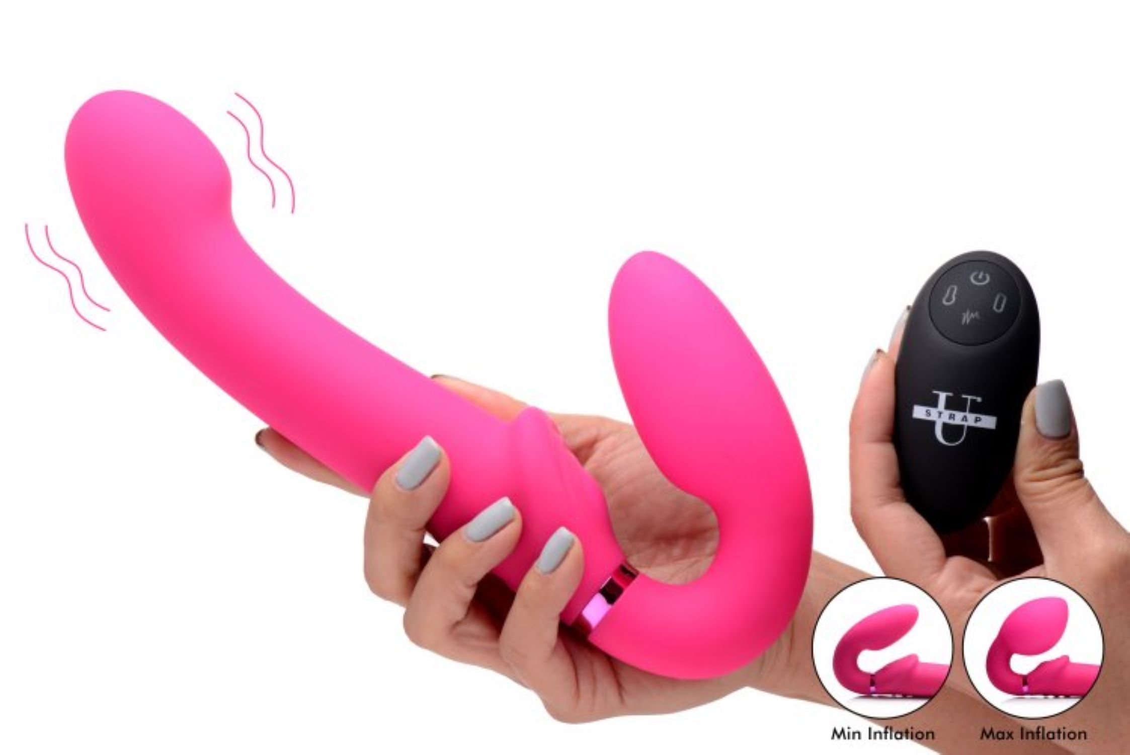 Ein pinkfarbenes Sexspielzeug wird in einer Hand gehalten. Eine Fernbedienung ist in der anderen Hand. Zwei kleinere Bilder zeigen das Spielzeug.