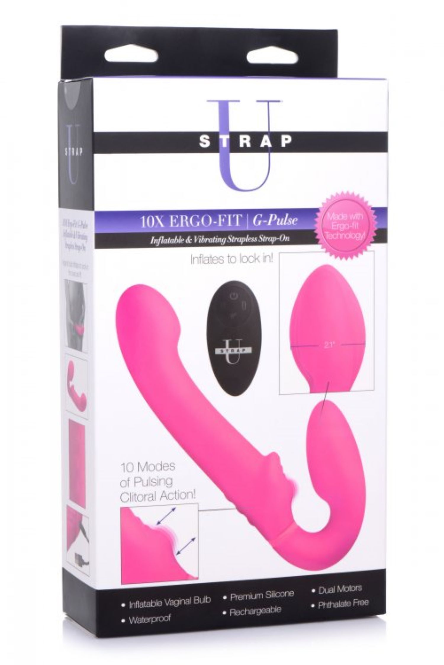 Verpackung für Sexspielzeug, rosa Vibrator sichtbar. Text enthält 'U Strap', 'Ergo-Fit'.