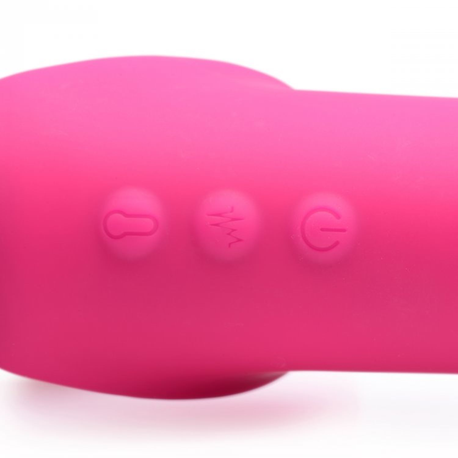 Rosa Sexspielzeug mit 3 Knöpfen. Die Knöpfe haben Symbole: Kreis, Wellen und Power-Symbol.
