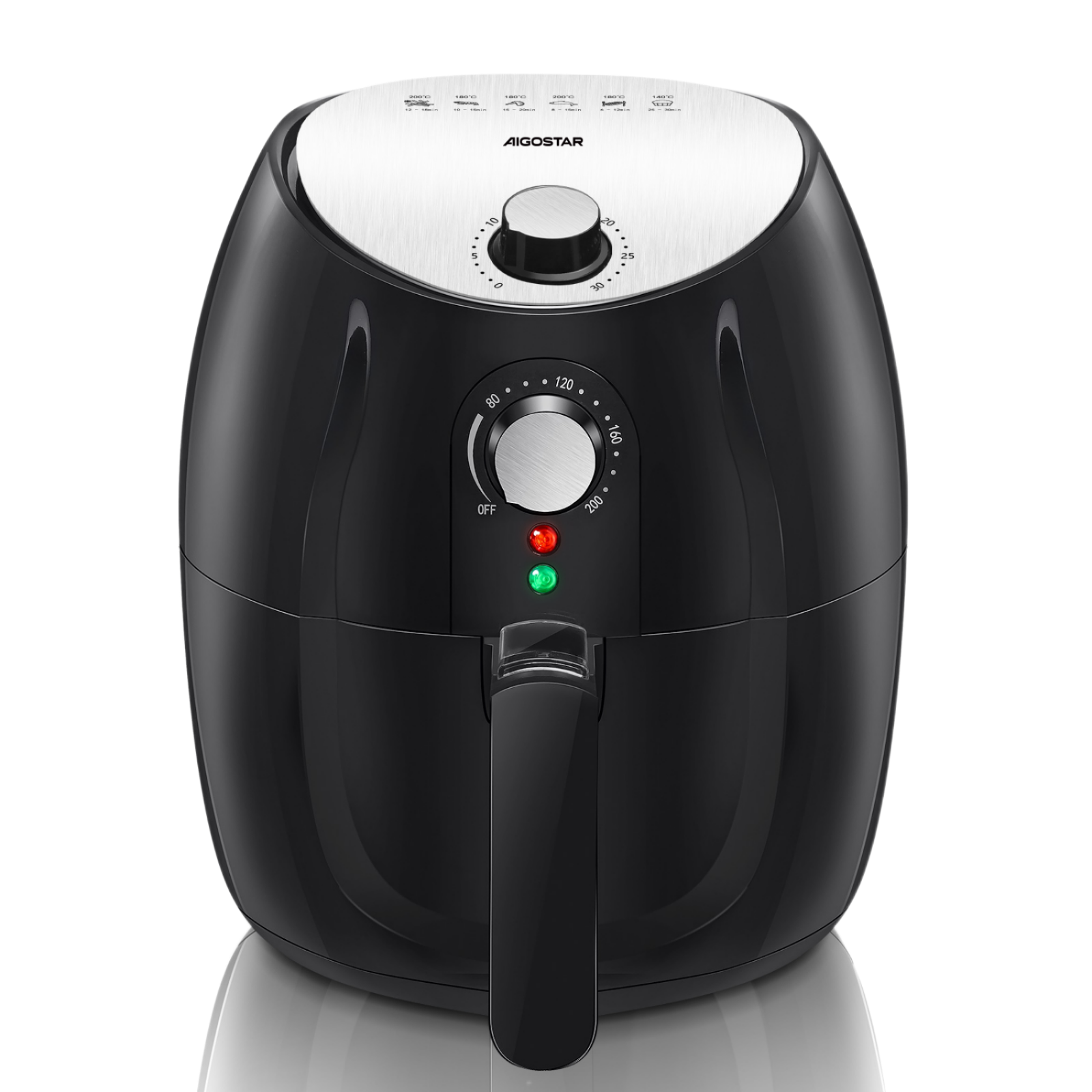 Una freidora de aire Aigostar negra con dial, asa e indicadores luminosos.