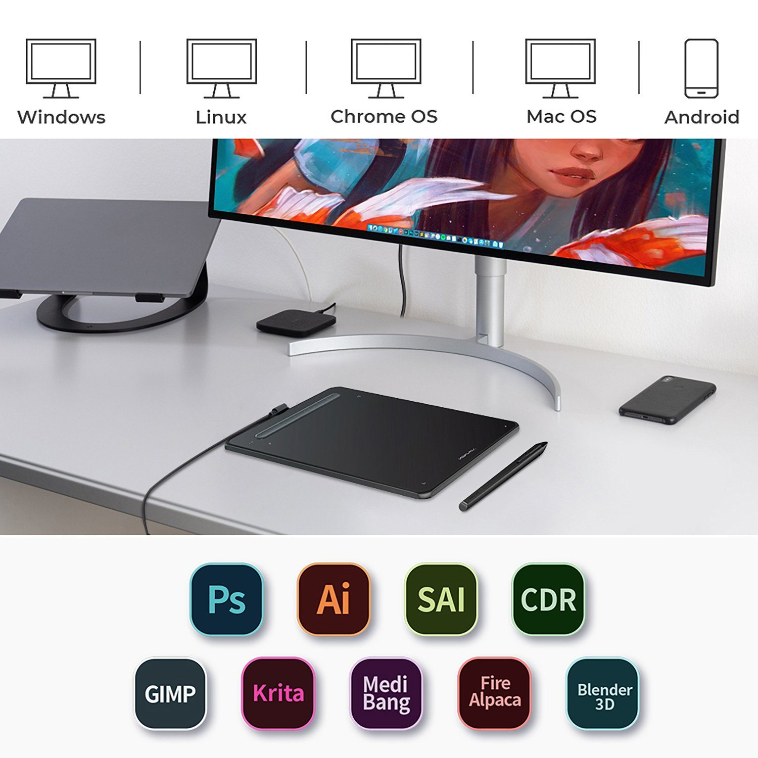 Arbeitsbereich mit Monitor, Tablet und Software-Symbolen. Weißer Schreibtisch mit Software-Logos. Schwarz und weiß.