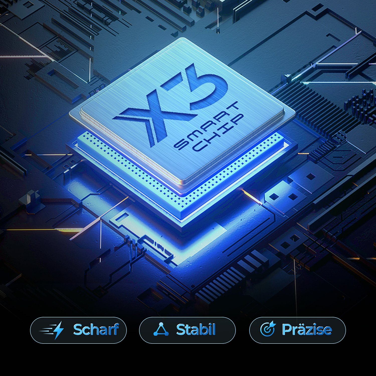 Nahaufnahme eines silbernen X5 Smart Chips auf einer Hauptplatine mit blauen Neonlichtern und drei Knöpfen.