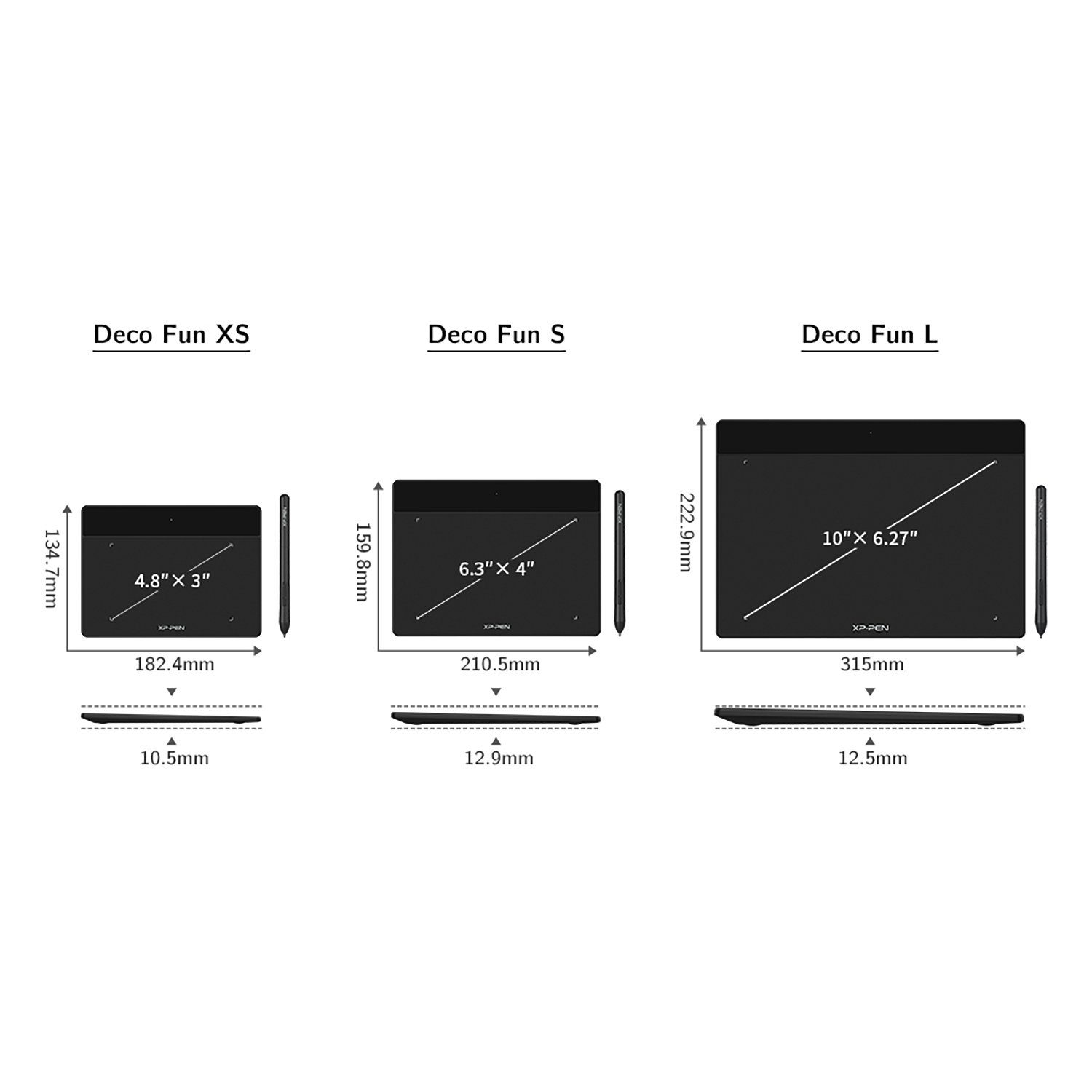 Trois tablettes graphiques de différentes tailles : XS, S et L, avec des dimensions et un stylo.