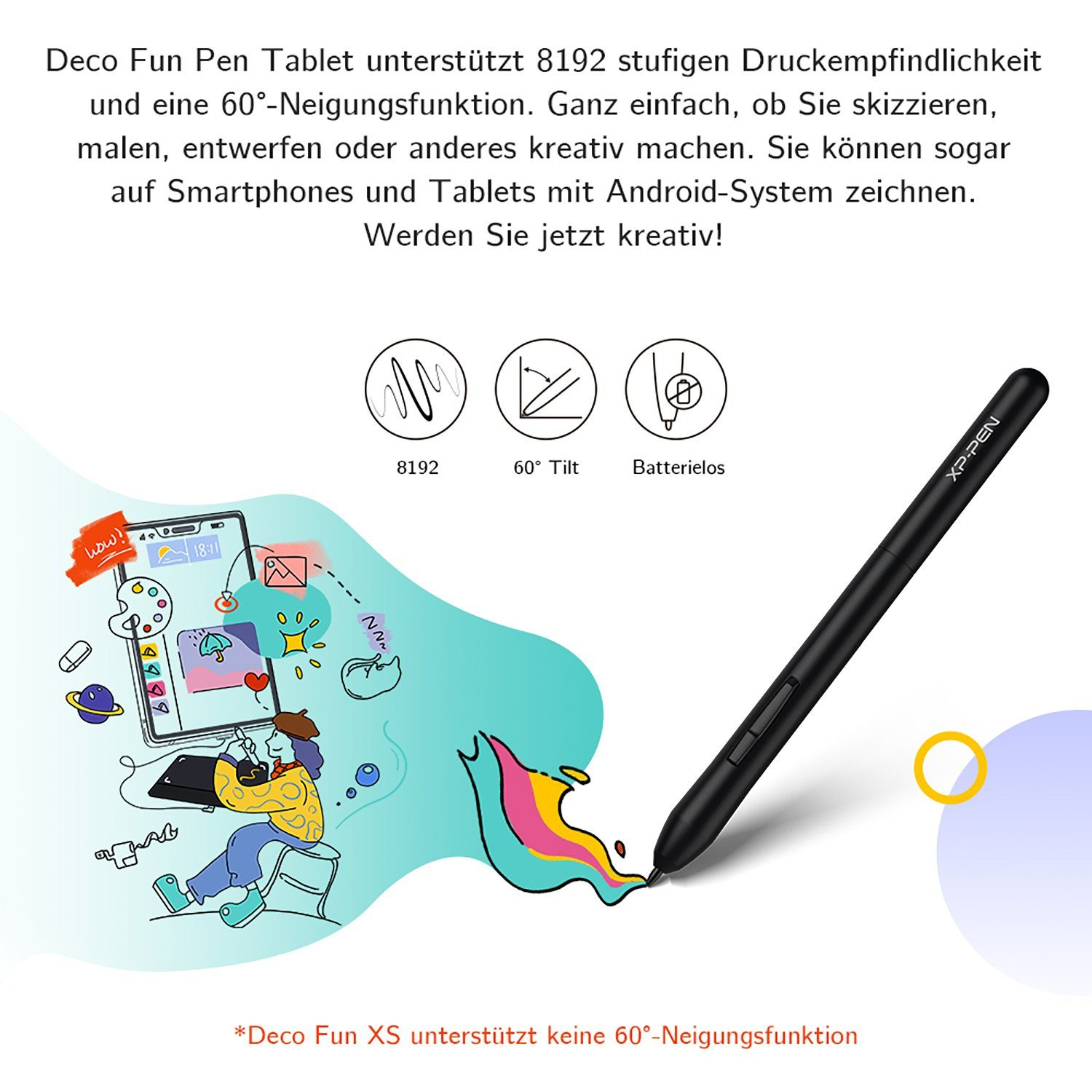 Ein schwarzer Zeichenstift mit Zubehör, mit einer Cartoonzeichnung im Hintergrund.
