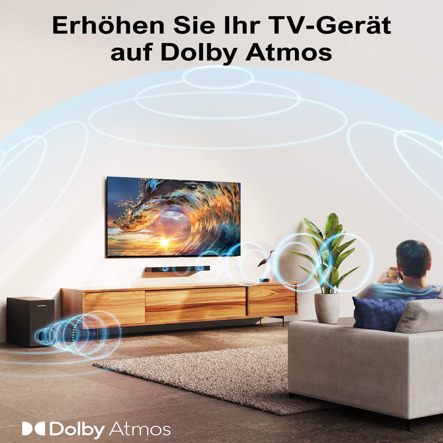 Wohnzimmer mit TV, Soundbar und Subwoofer, mit einer Person.