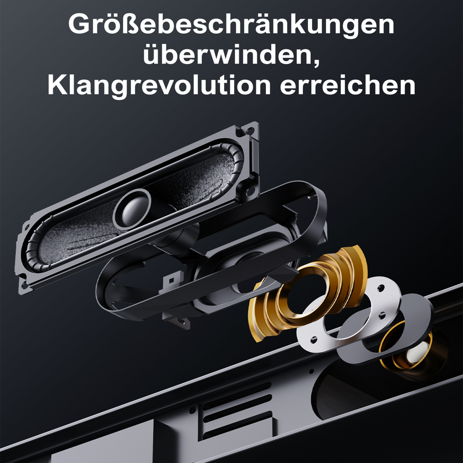 Ein explodierter Lautsprecher zeigt interne Komponenten, mit Text über die Überwindung von Größenbeschränkungen.