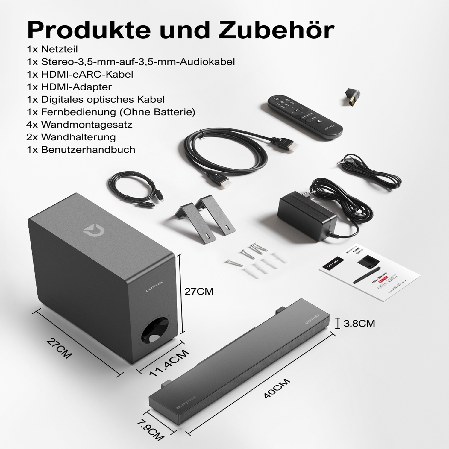 Produkte und Zubehör angeordnet. Enthält eine Soundbar, Fernbedienung, Kabel und Montagematerial.
