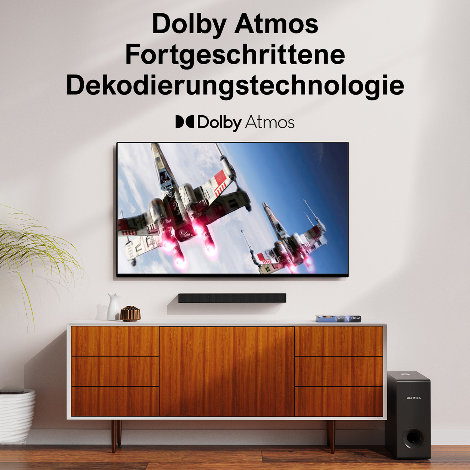 Ein Wohnzimmerszene mit Fernseher, Soundbar und Subwoofer, Fokus auf Dolby Atmos.