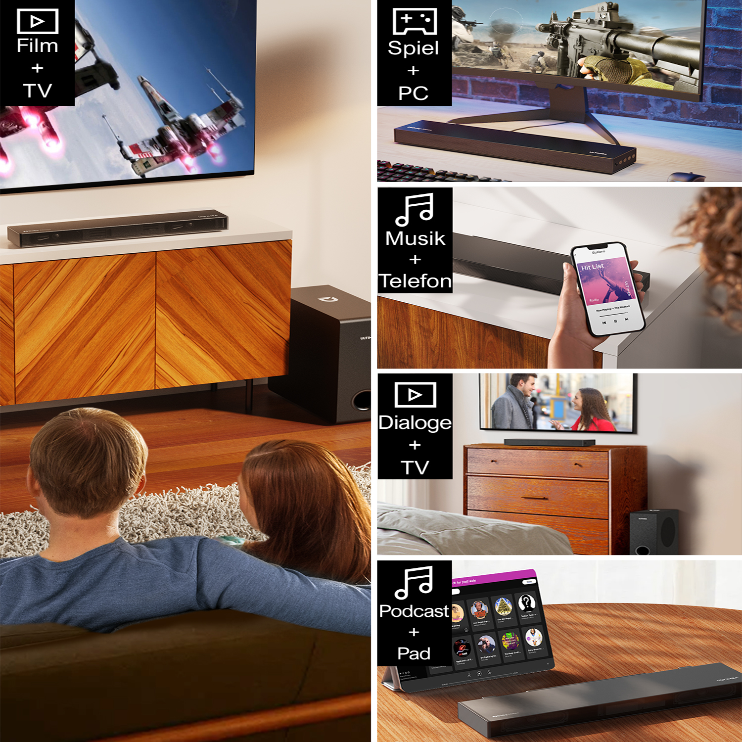 Bild zeigt verschiedene Verwendungen einer Soundbar mit Fernseher, PC und Mobiltelefon.