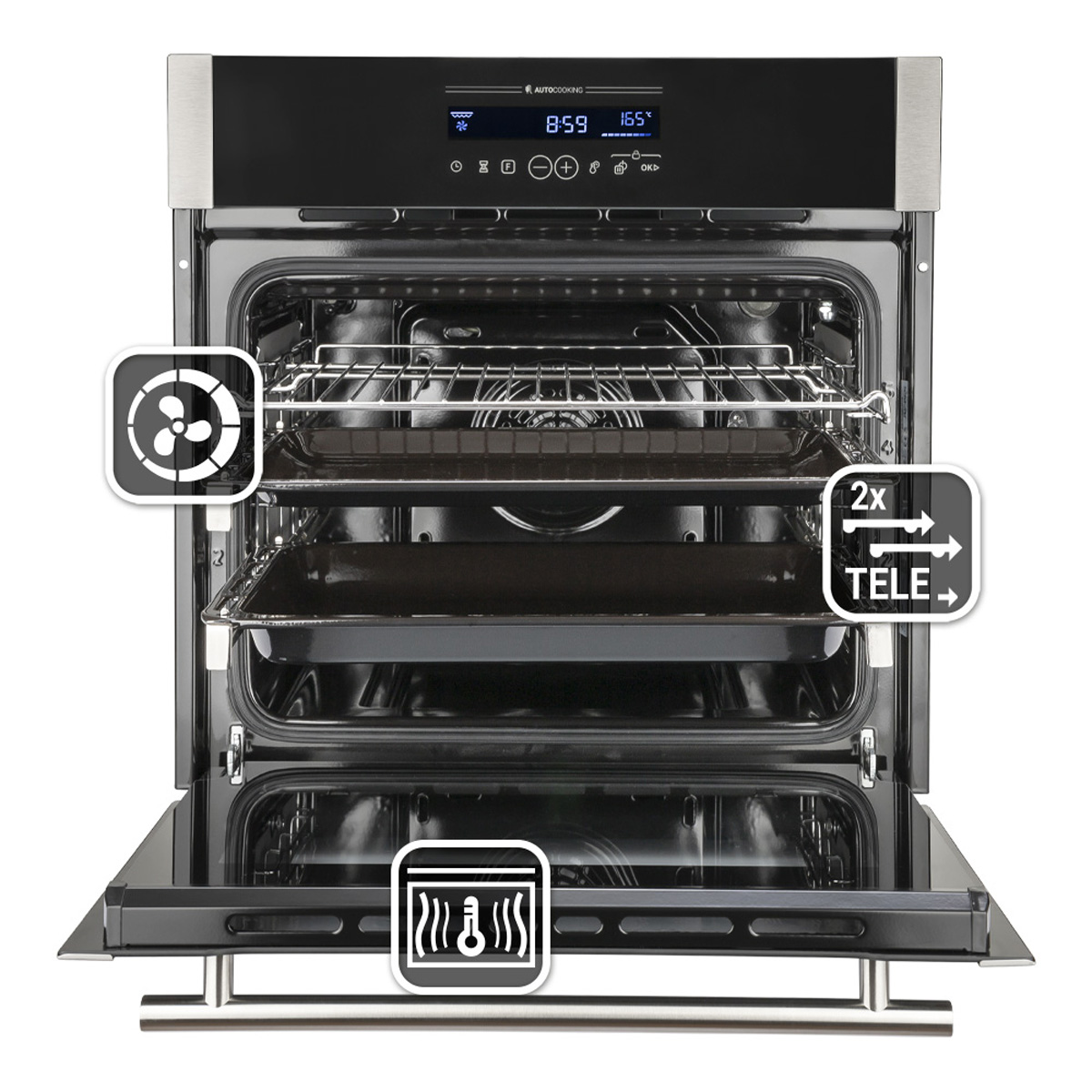 Einbau-Backofen mit offener Tür. Edelstahl-Finish mit schwarzer Glastür. Weißer Hintergrund.