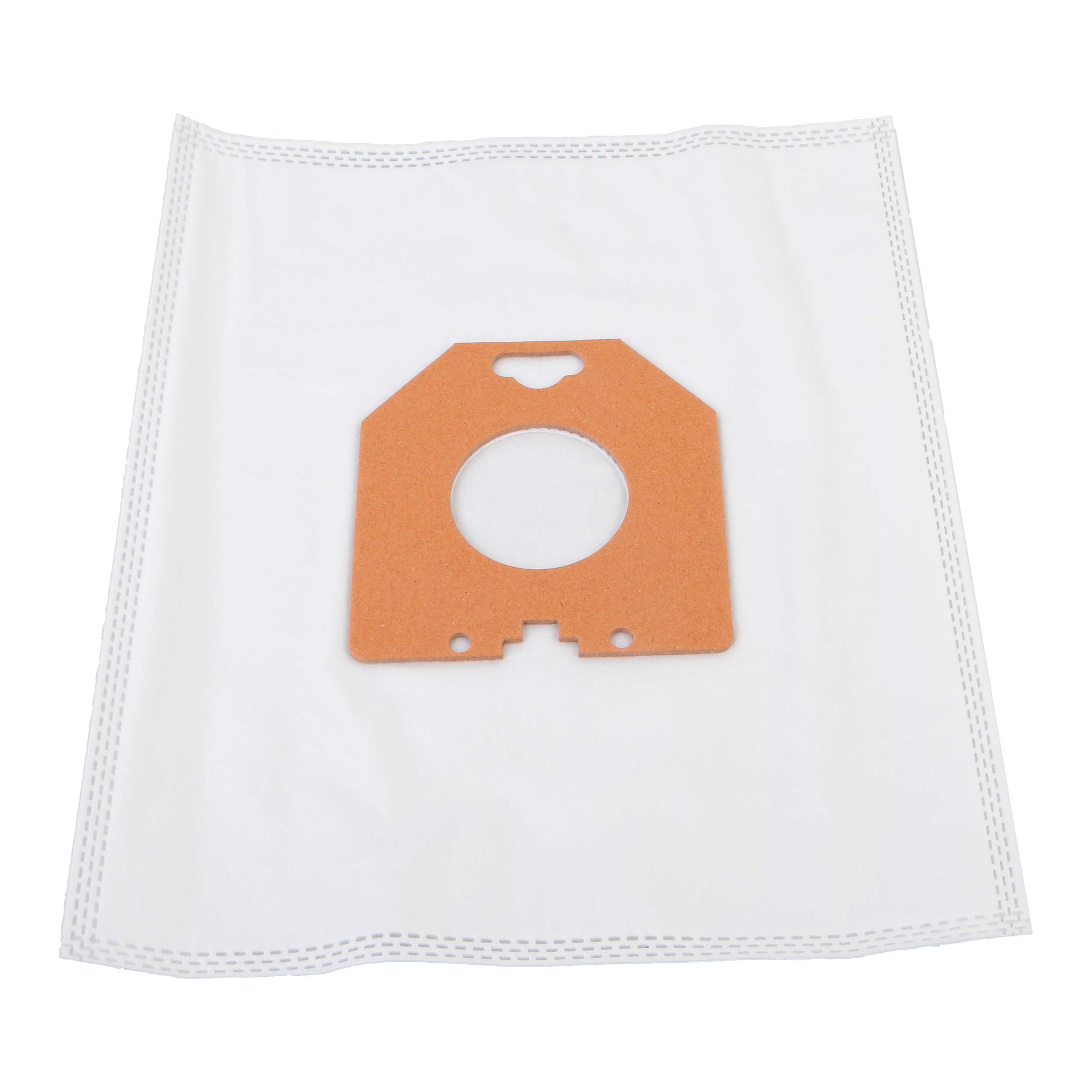 Ein einzelner weißer Staubsaugerbeutel mit einer orangefarbenen Karton-Montageplatte.