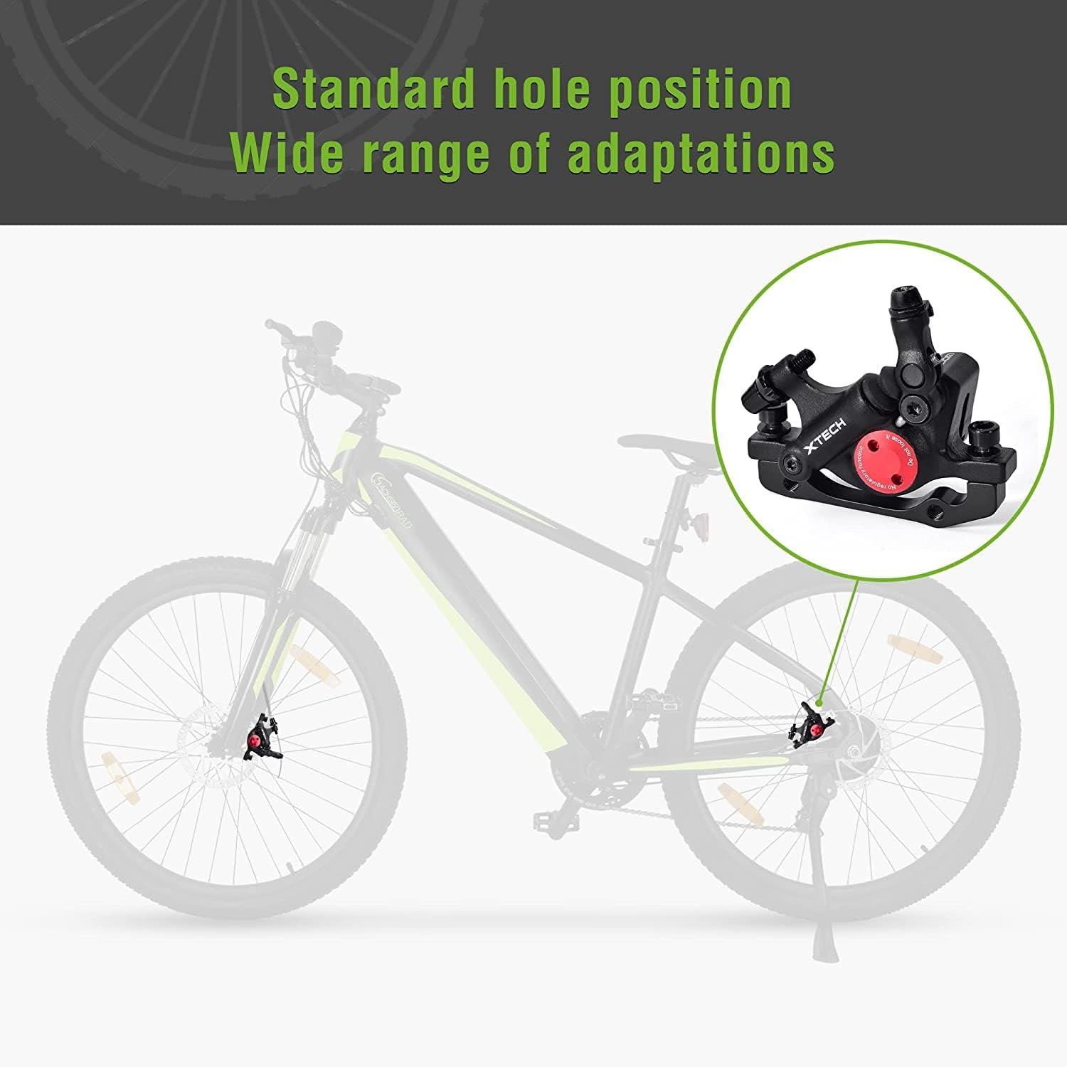 Ein Fahrrad mit schwarzem Rahmen, Nahaufnahme einer Bremse, mit Text über Anpassungen.