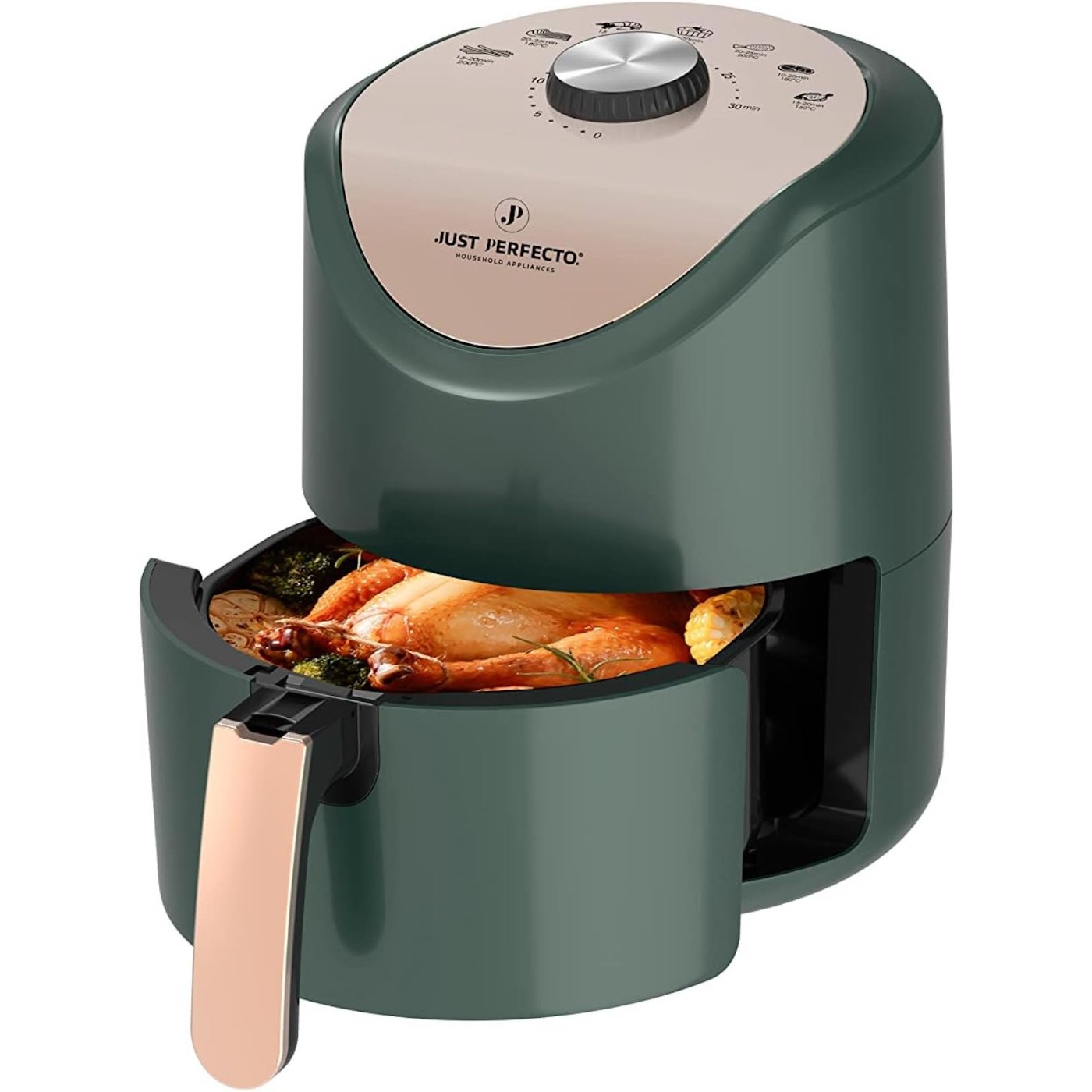 Una friggitrice ad aria verde e oro con una maniglia. La friggitrice è aperta, rivelando pollo e verdure cotti all'interno.