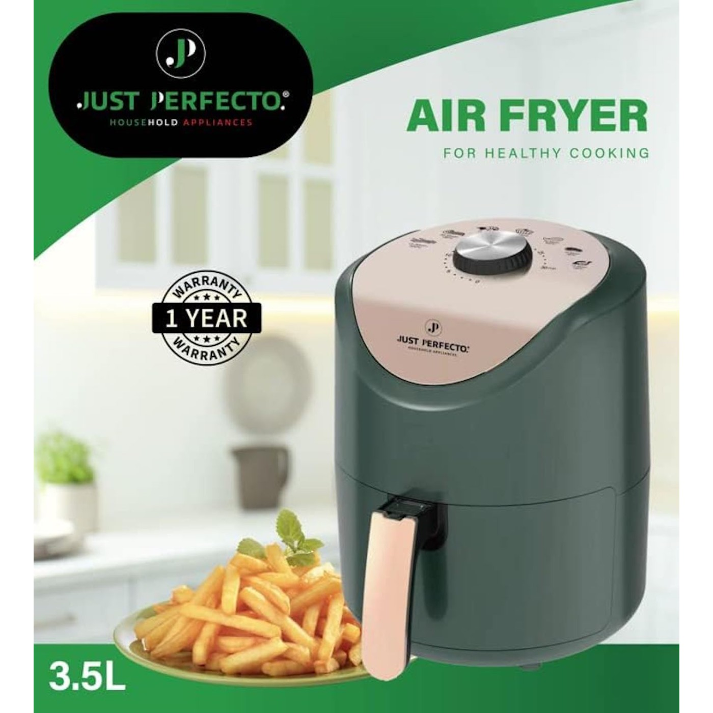 Una friggitrice ad aria con un piatto di patatine fritte. Il testo dice 'Air Fryer for Healthy Cooking'.