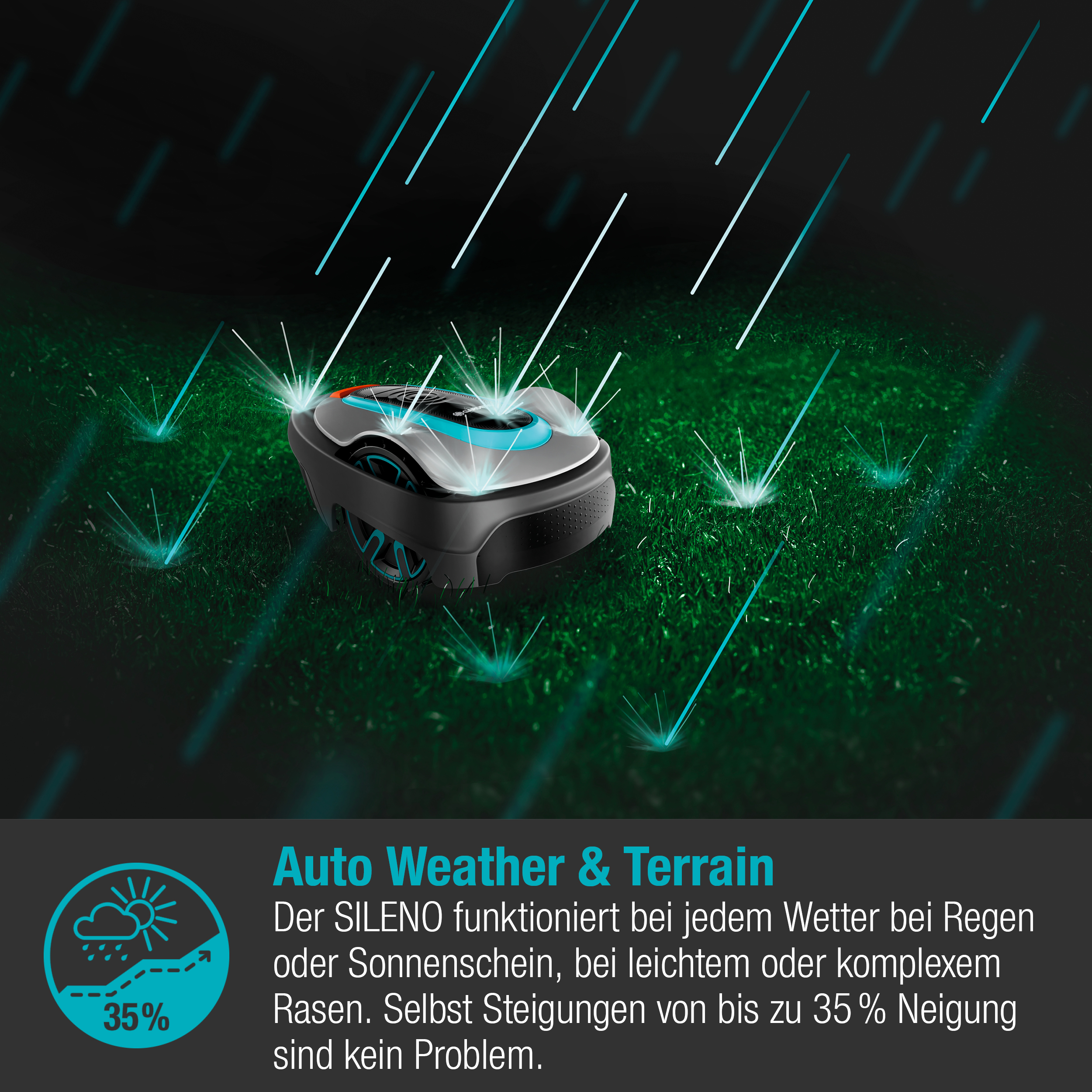 Kosiarka robot na zielonej trawie, z efektem deszczu i tekstem. 'Auto Weather & Terrain'.
