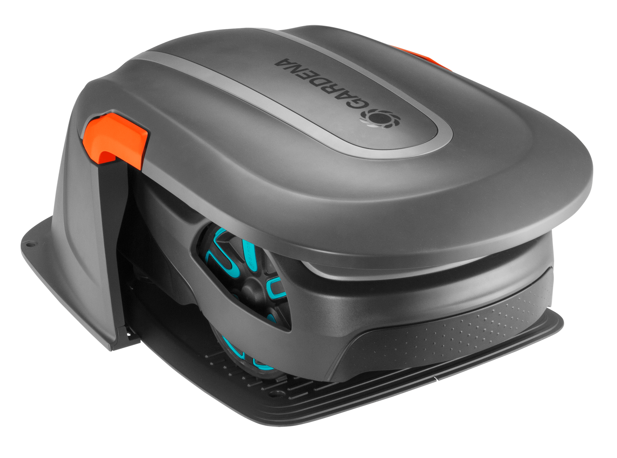 Grau-schwarzer Roboter-Rasenmäher mit orangefarbenen Akzenten.