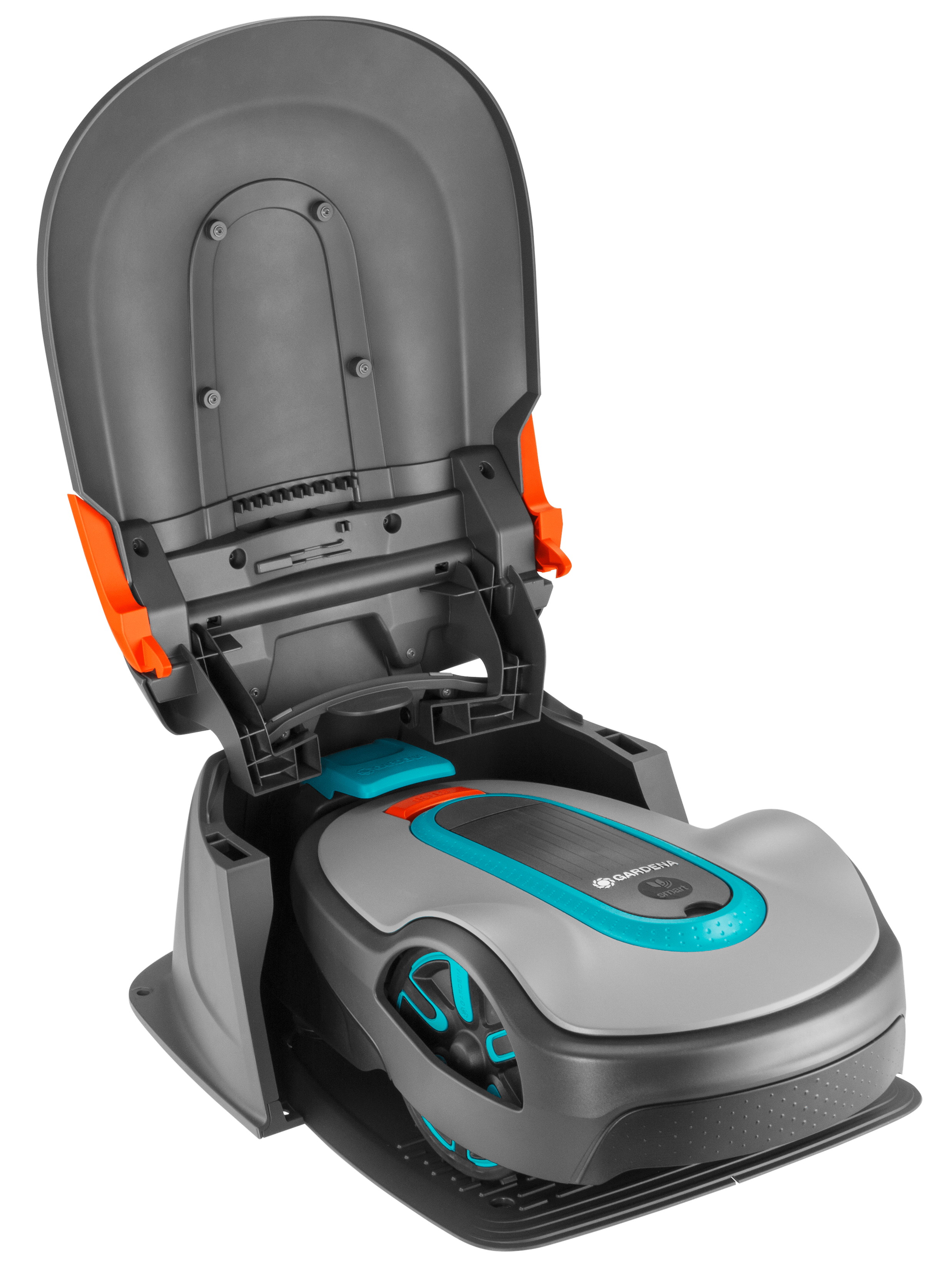 Grauer und schwarzer Roboter-Rasenmäher mit geöffneter Oberseite, der die Innenteile zeigt.