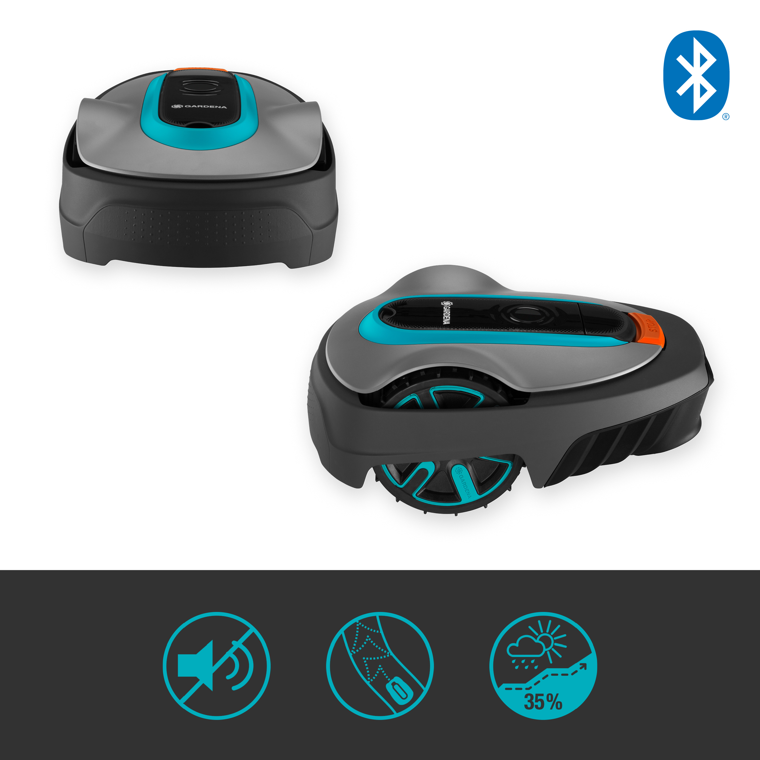Kosiarka automatyczna, szara i czarna, z akcentami cyjanu. Ikony braku hałasu, przepływu powietrza i ochrony przed warunkami atmosferycznymi.