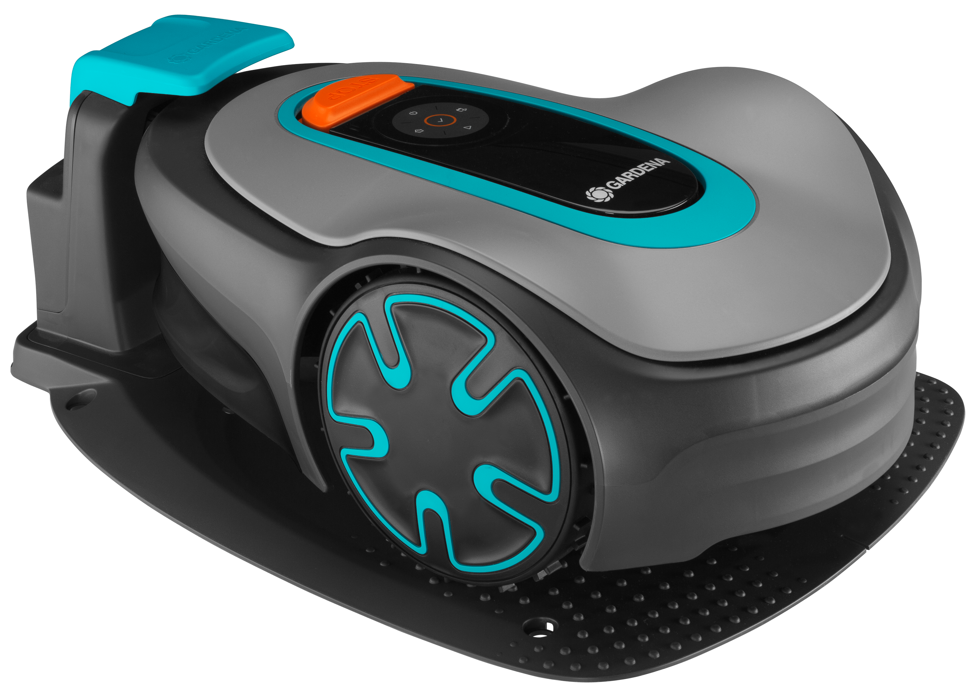 Ein Mähroboter mit schwarzer Basis und grauem Oberteil. Er hat eine orangefarbene und blaue Taste.