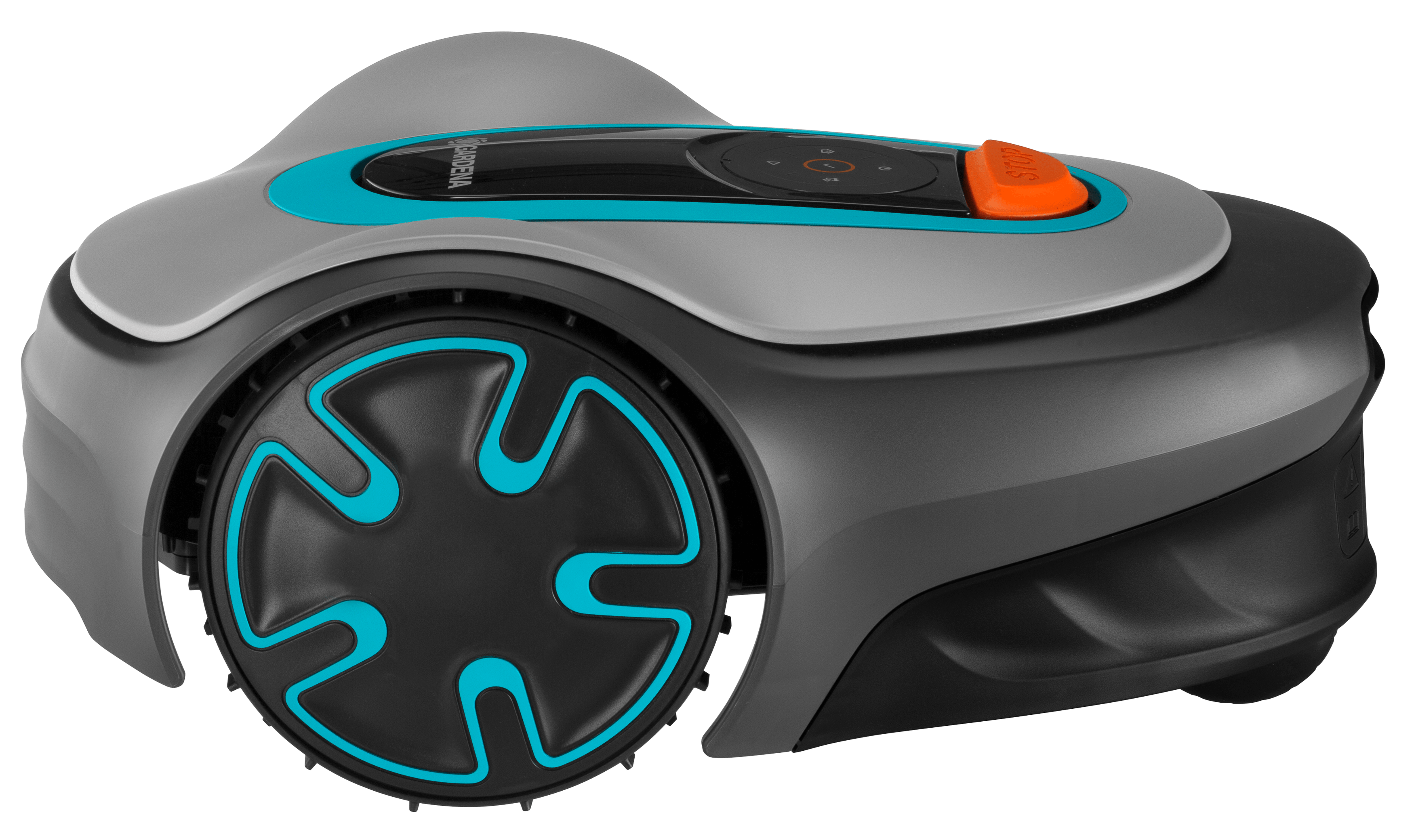 Ein Roboter-Rasenmäher mit grauem und blaugrünem Design auf weißem Hintergrund.