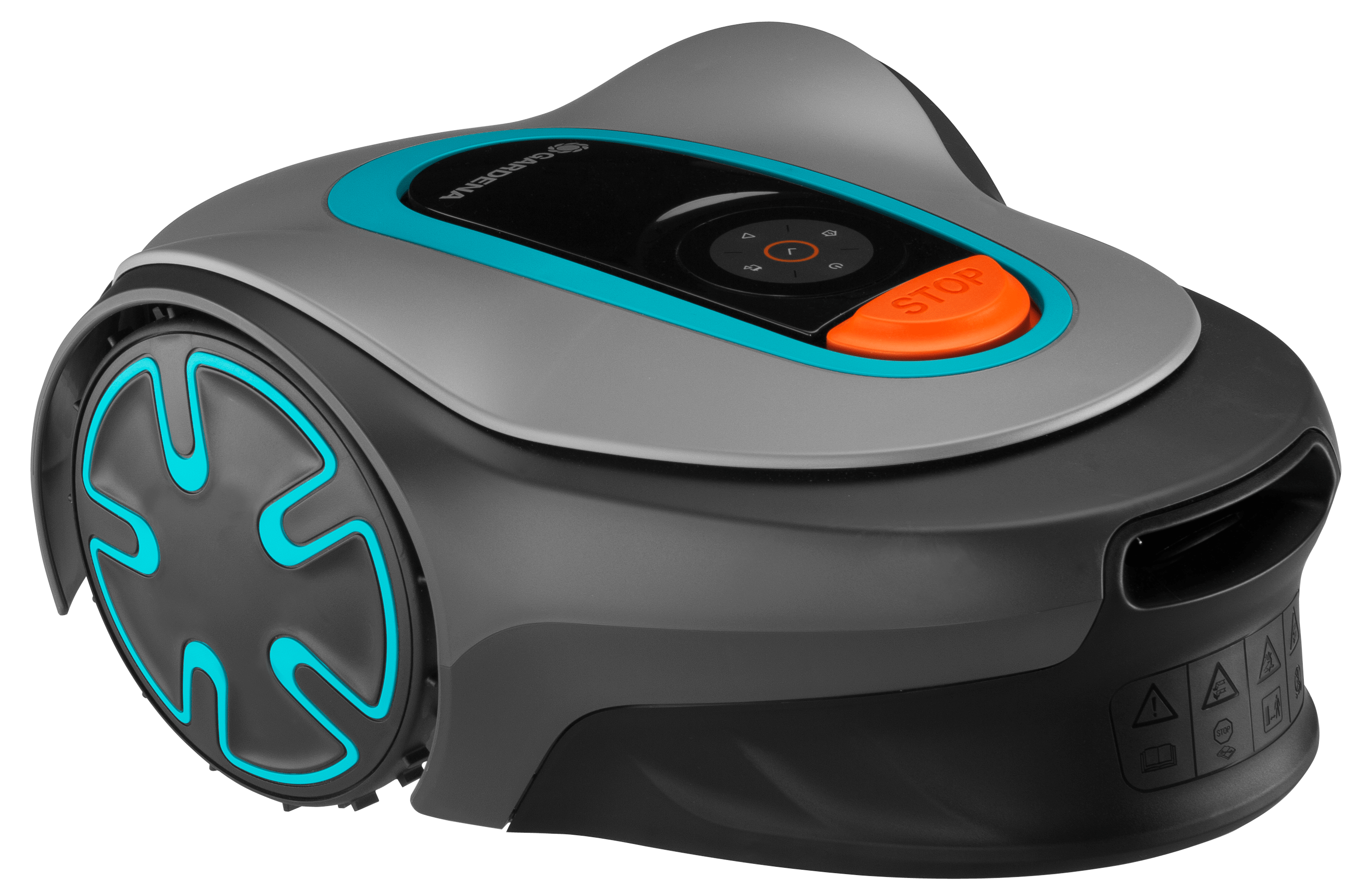 Ein Roboterrasenmäher, schwarz und grau, mit einem orangefarbenen Stoppknopf.