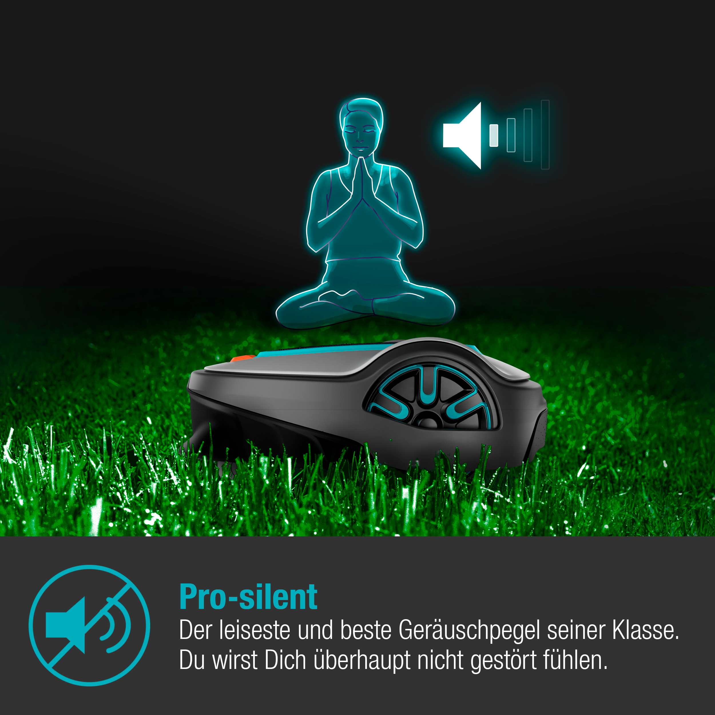 Robot koszący na trawie, z grafiką medytującej osoby, tekstem 'Pro-silent' na czarnym tle.