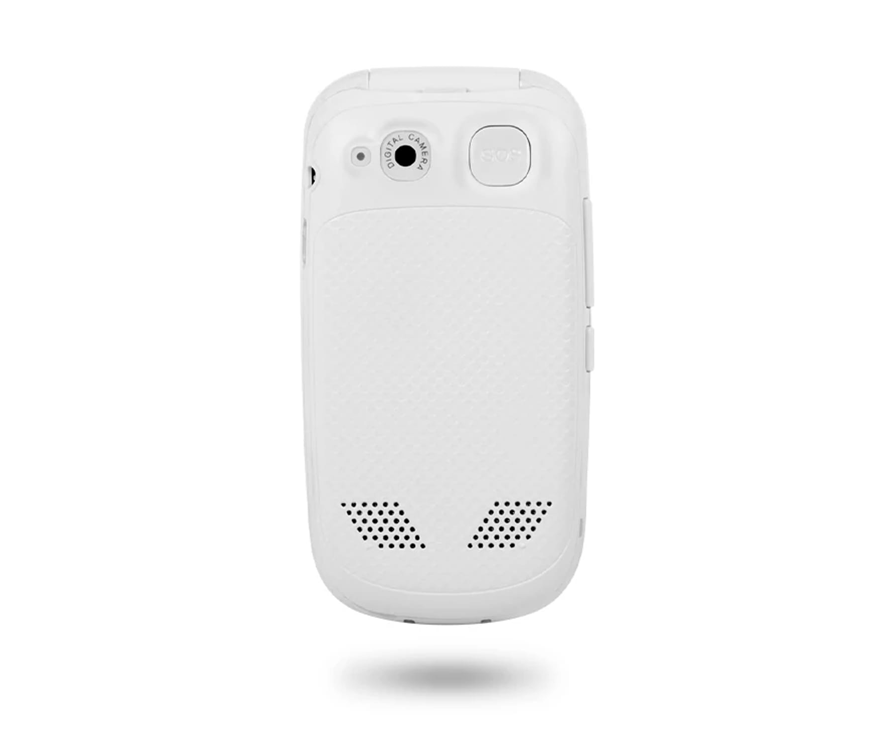 Un telefono a conchiglia bianco, che mostra il retro con una fotocamera e fori per l'altoparlante. Sfondo bianco.