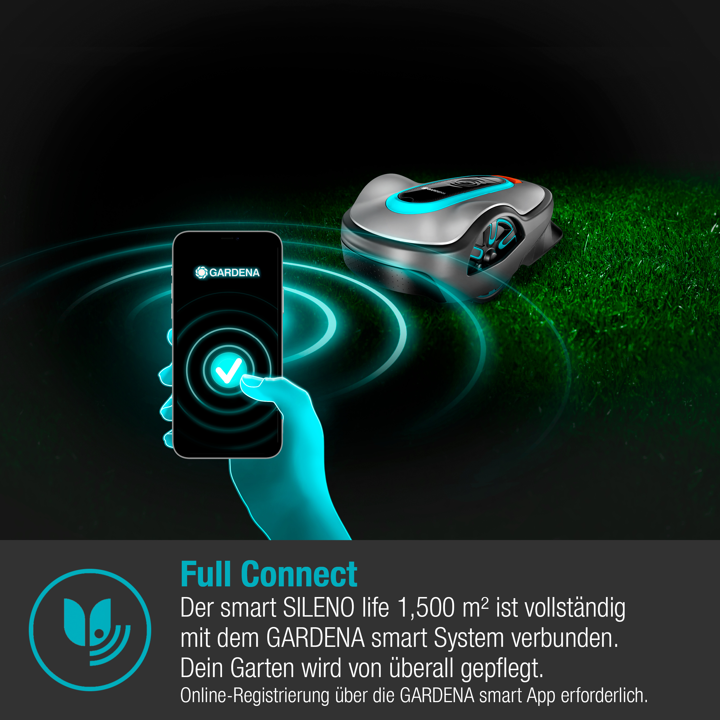 Ein Rasenmäher auf Gras. Ein Telefon zeigt ein Häkchen und ein GARDENA-Logo. Text: Full Connect.