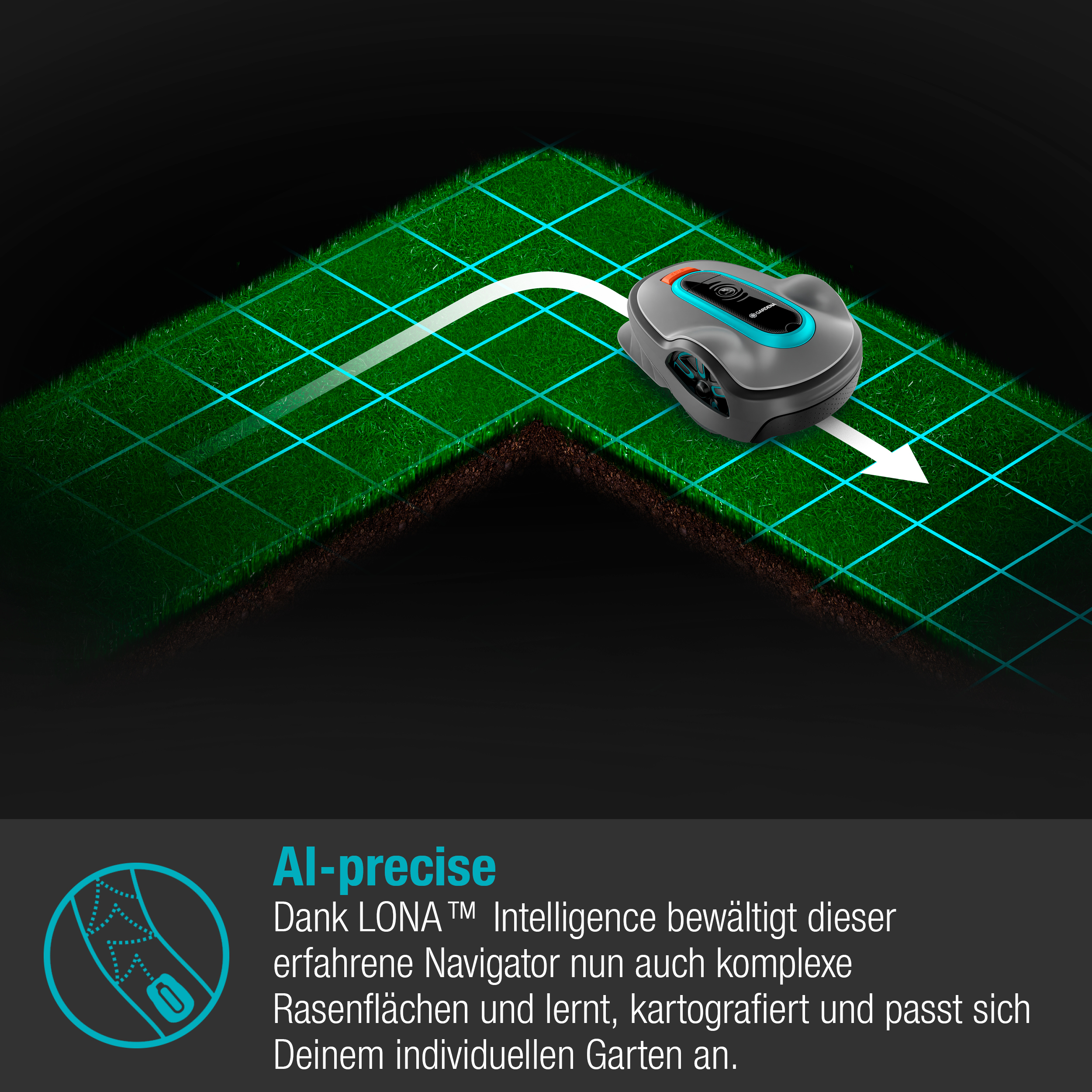 Ein Roboter-Rasenmäher, der das Gras mäht, mit blauem Pfad, Text "AI-präzise" darunter.