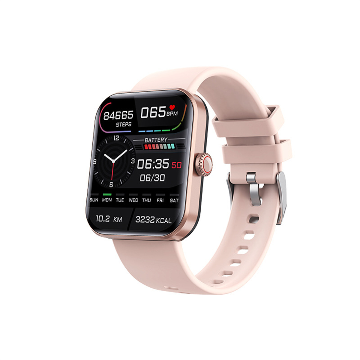 Smartwatch rosa con pantalla cuadrada que muestra pasos, frecuencia cardíaca, hora y batería. Correa rosa.