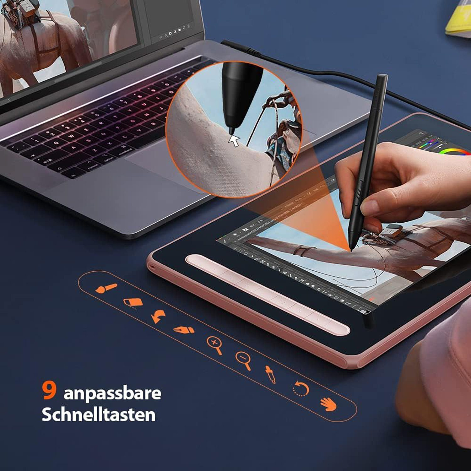 Ein Digitaltablet mit Stift, ein Laptop auf einem Schreibtisch und eine Grafik mit den Bedienelementen.