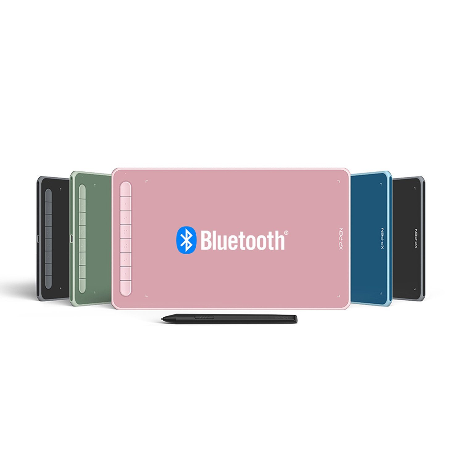 Tablets in verschiedenen Farben mit einem Stift auf weißem Hintergrund.
