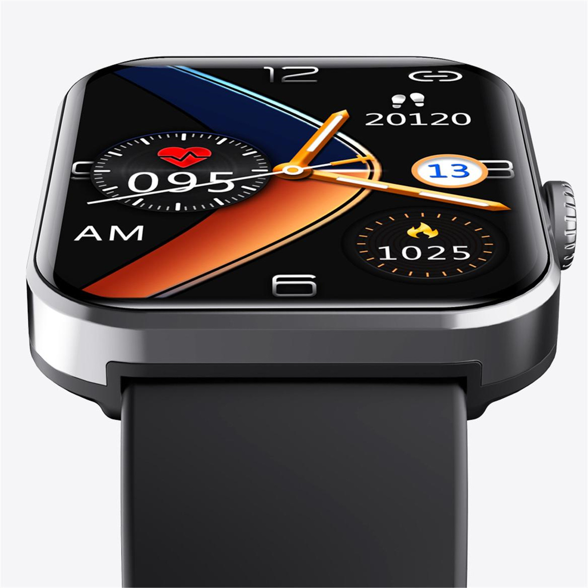 Smartwatch negra que muestra la hora y las métricas de salud. El reloj tiene una correa negra.