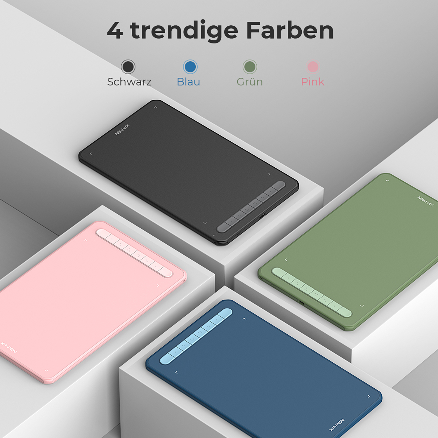 Grafiktabletts in Schwarz, Blau, Grün und Pink.