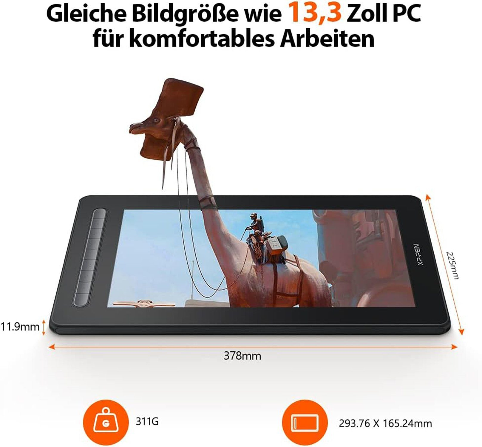 Tablet mit Bild, Abmessungen und Text, weißer Hintergrund.