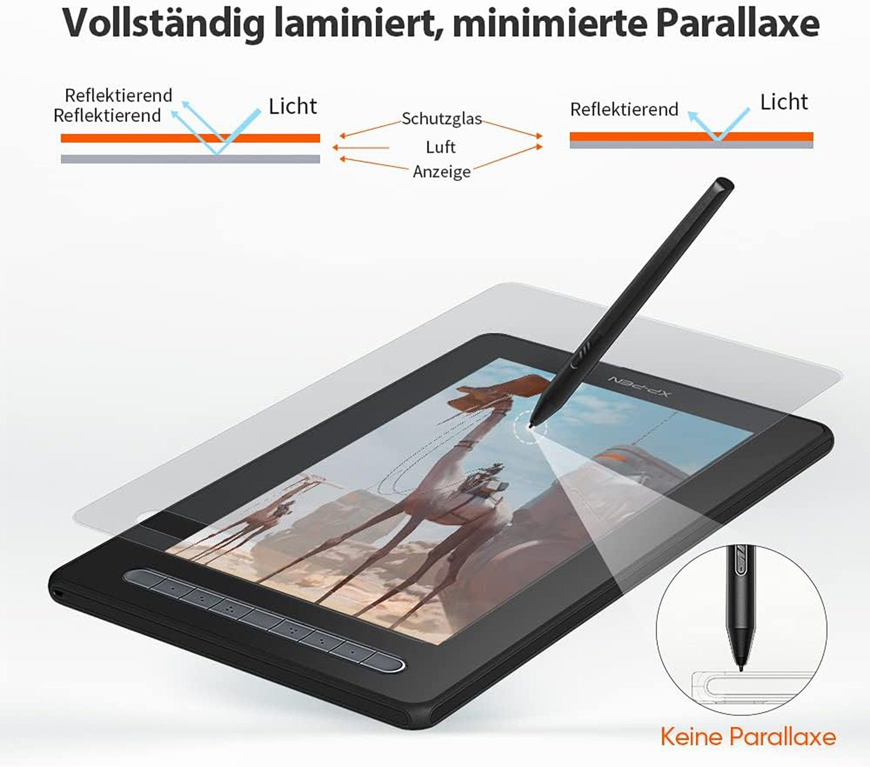 Ein schwarzes digitales Zeichentablett mit einem Stift und Details zu seinen Funktionen.
