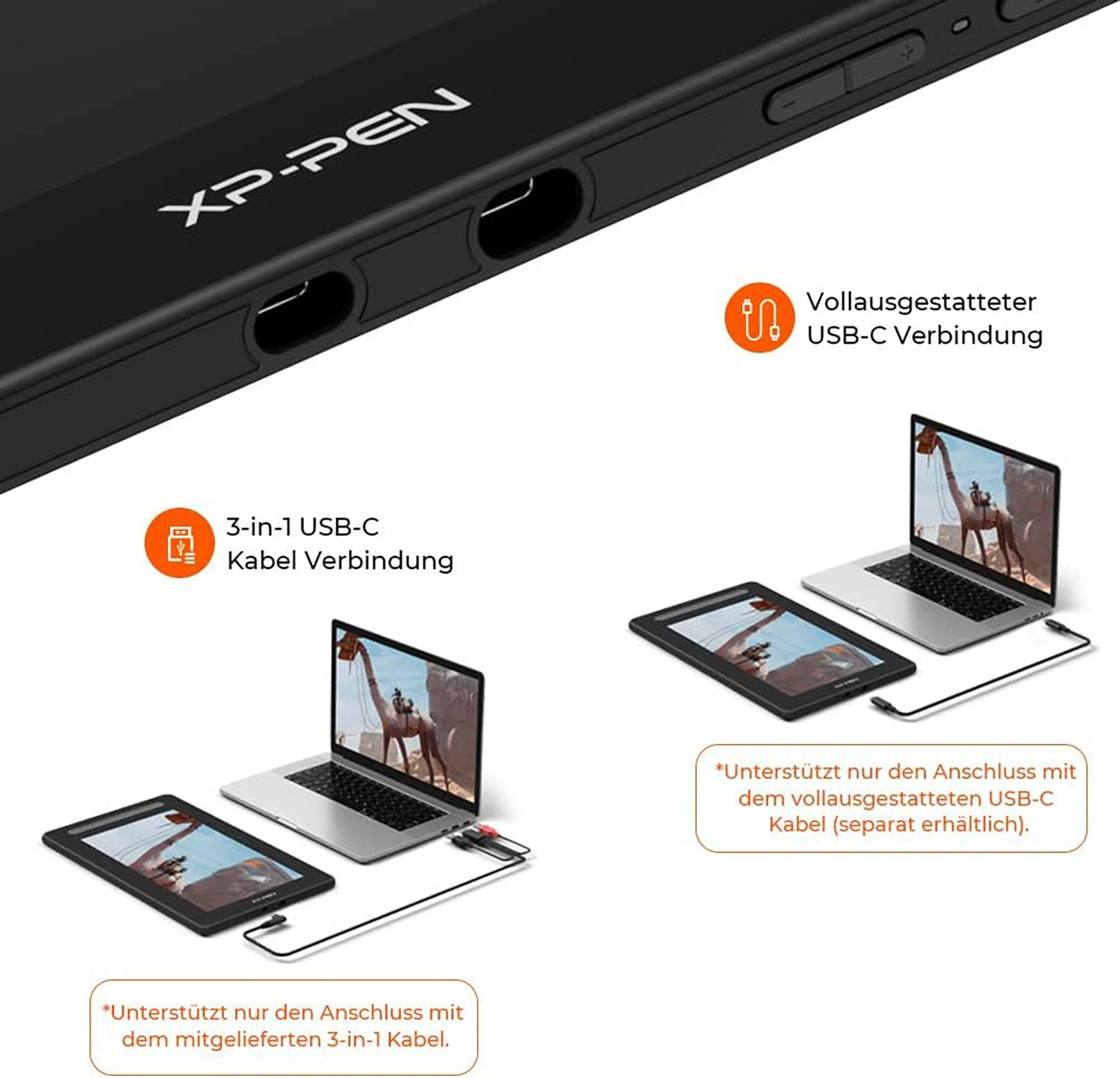 Nahaufnahme eines schwarzen Geräts mit Anschlüssen und einem USB-C-Verbindungsdiagramm. Zeigt angeschlossene Laptops und Tablets.