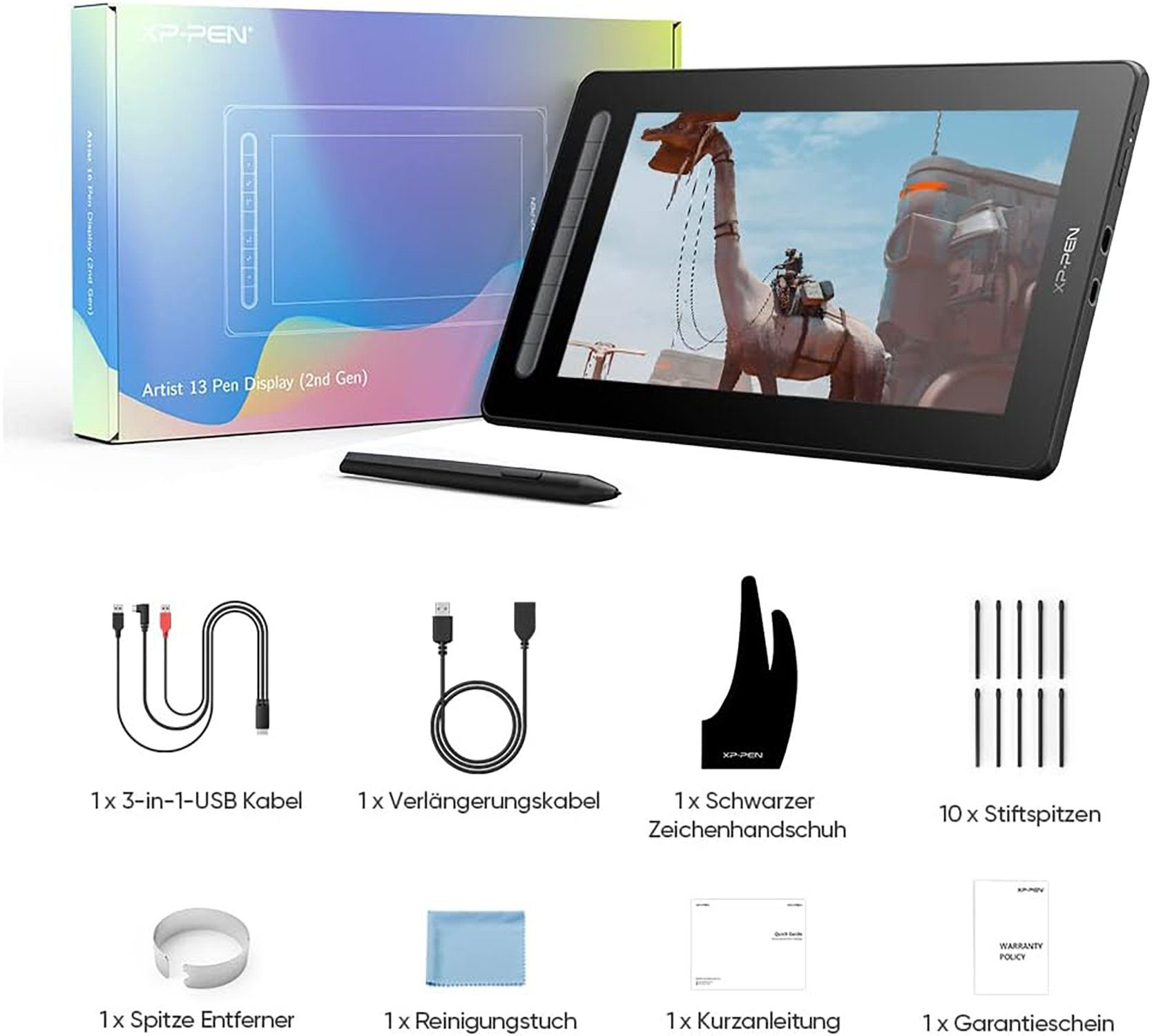 Ein Karton-Set eines Zeichentabletts mit Zubehör. Das Tablet ist schwarz mit einem Bildschirm.