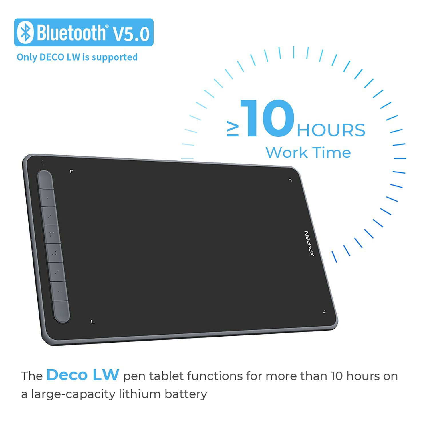 Tableta de dibujo negra con botones, mostrando 10+ horas de trabajo y Bluetooth.