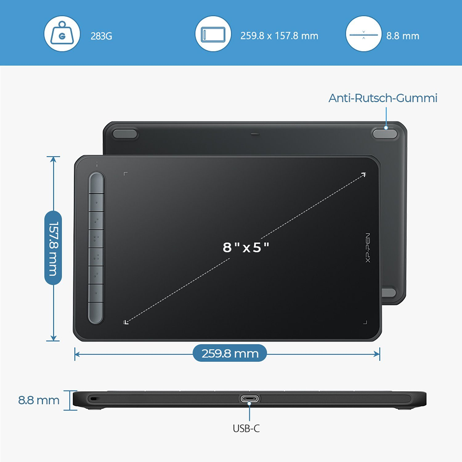 Schwarzes Zeichentablett mit Abmessungen und Seitenansicht, die Dicke und einen USB-C-Anschluss zeigt.