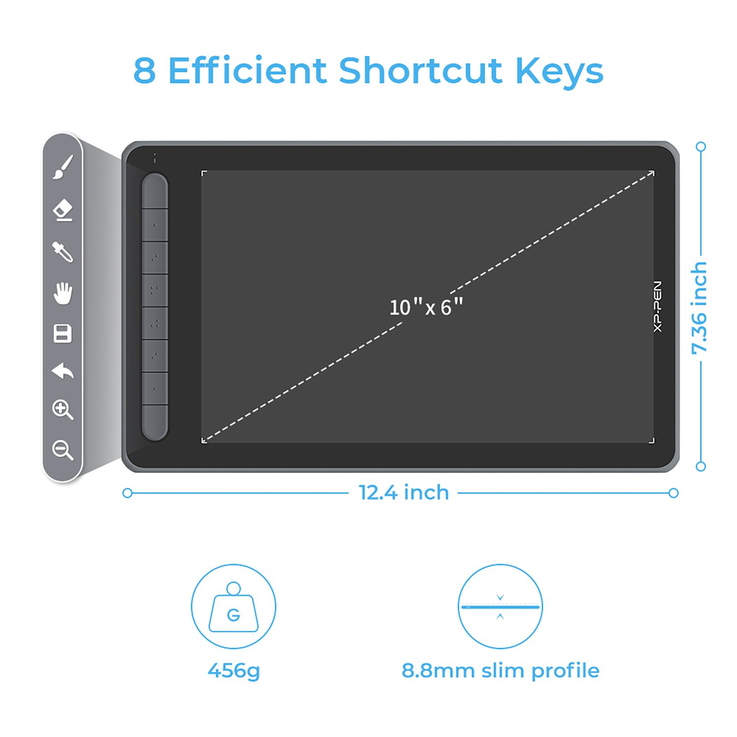 Schwarzes Zeichentablett mit Shortcuts und 10x6 Zoll Bildschirm. Abmessungen sind angegeben.