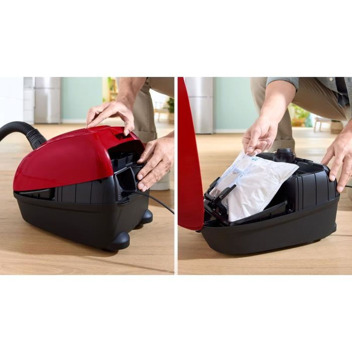 Aspiradora con tapa roja y base negra, dos lados mostrando el cambio de bolsa.