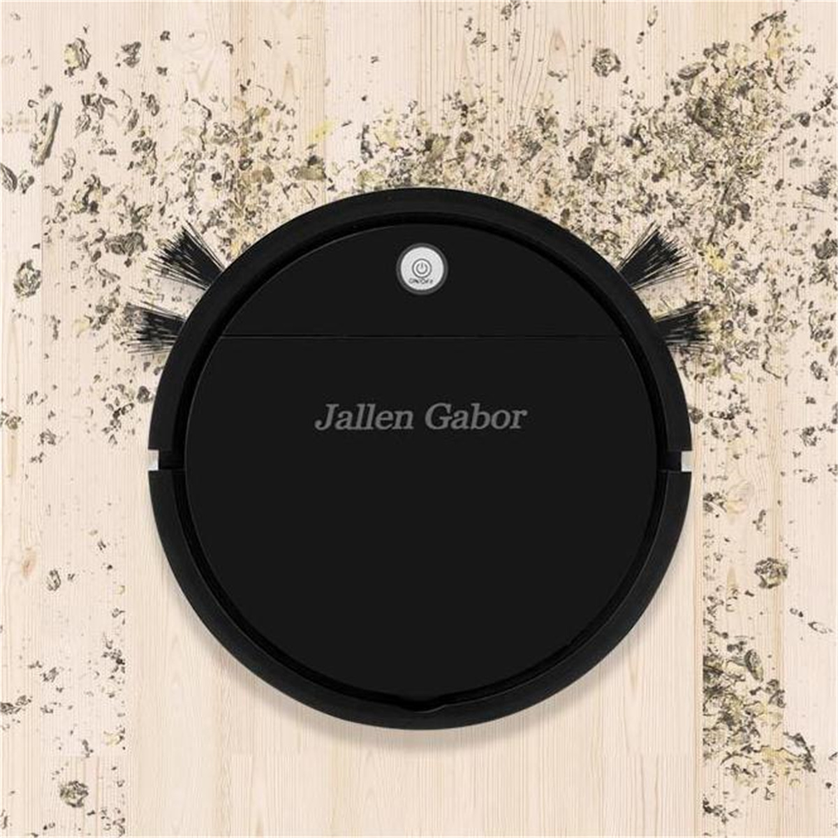 Una aspiradora robótica negra con el nombre 'Jallen Gabor'. Está sobre una superficie de madera con escombros.