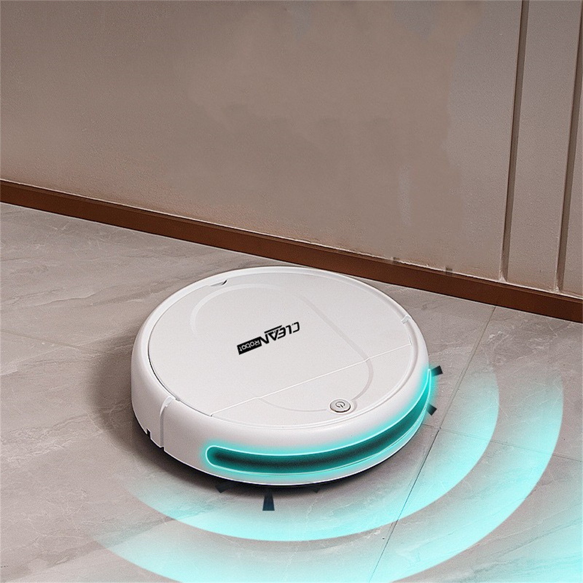 Aspiradora robot blanca en piso de baldosas. Tiene un anillo azul brillante.