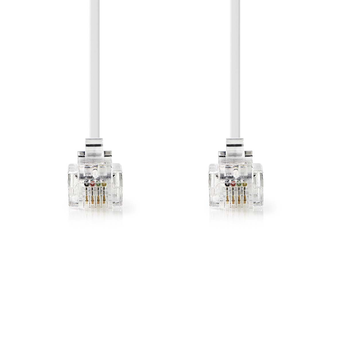 Deux connecteurs RJ45 transparents avec des câbles blancs. Les connecteurs ont des fils colorés visibles à l'intérieur.