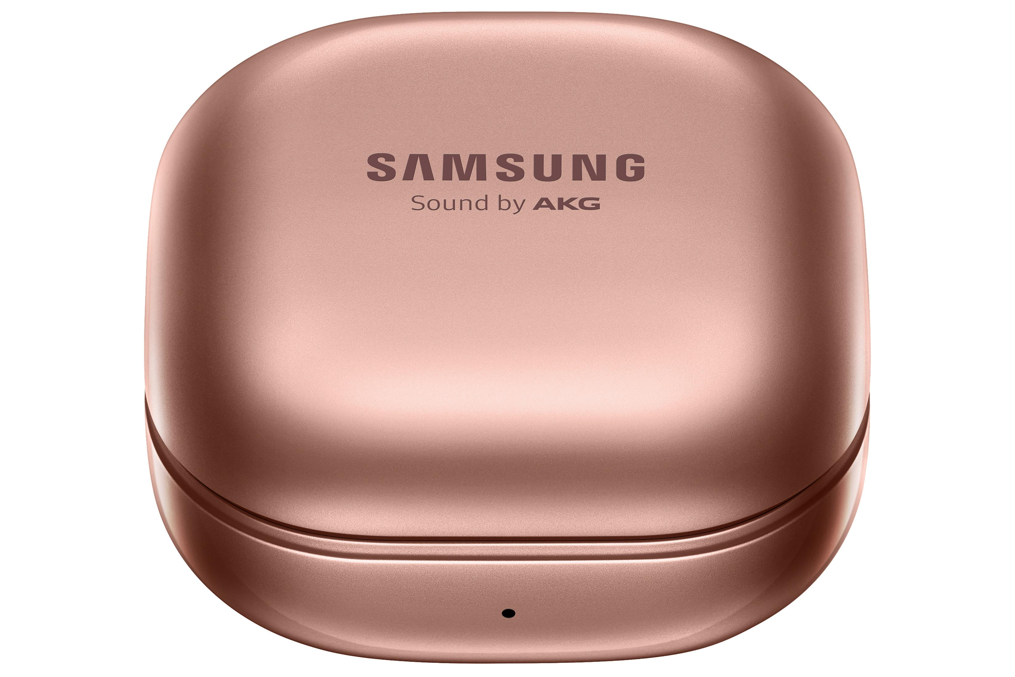 Roségoldenes Samsung Galaxy Buds-Case, geschlossen, mit Samsung- und AKG-Logo.