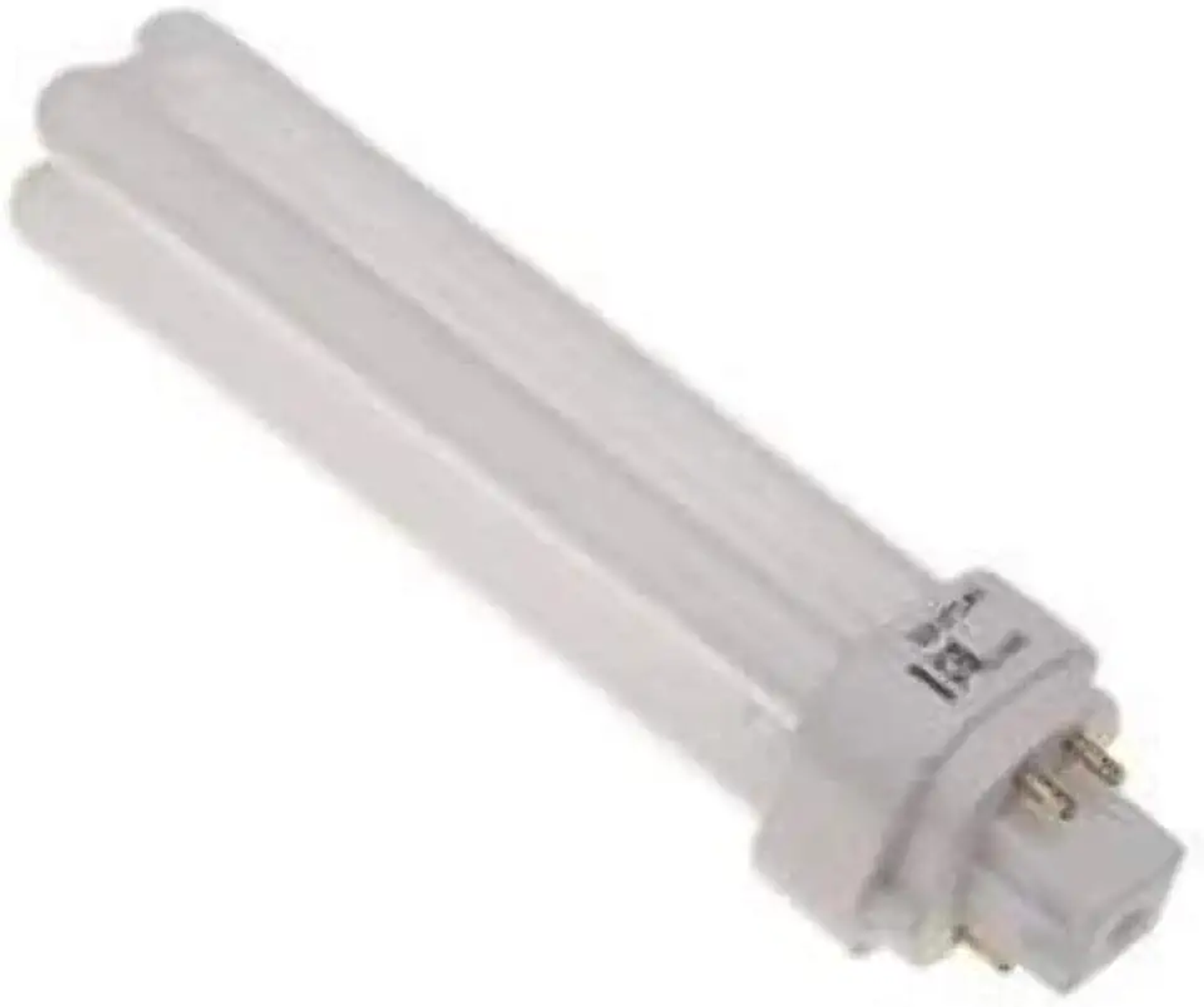 Una lampadina fluorescente bianca con tre tubi e un connettore alla base, vista angolata.